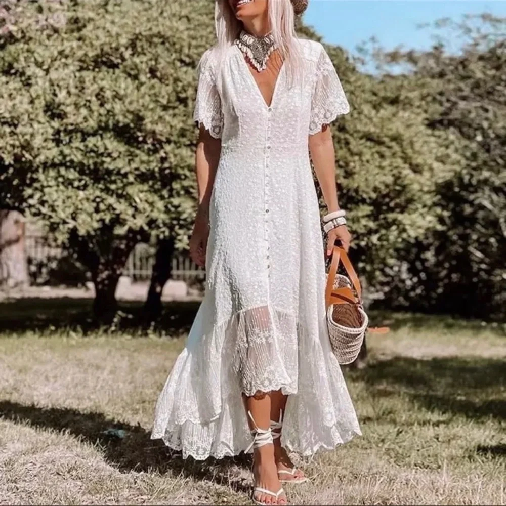 Bella Stitch Ivy And Lace Boho Button Front Maxi Dress In Allover Lace, Lined - Picture 4 of 9